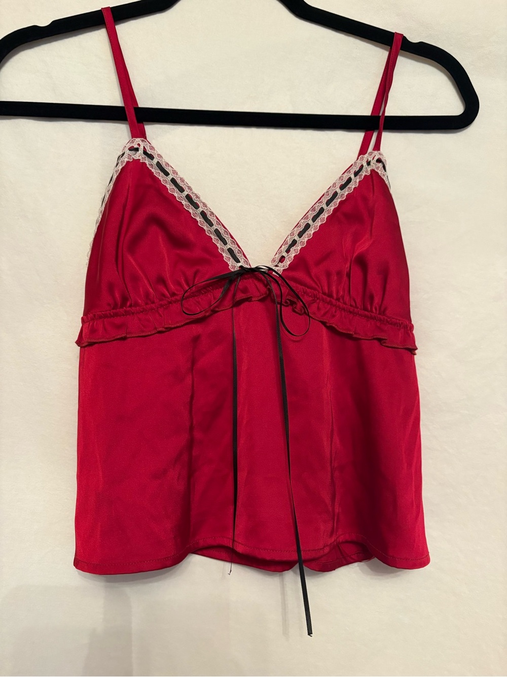 Satin Lace-Trim Red Camisole with Front Tie